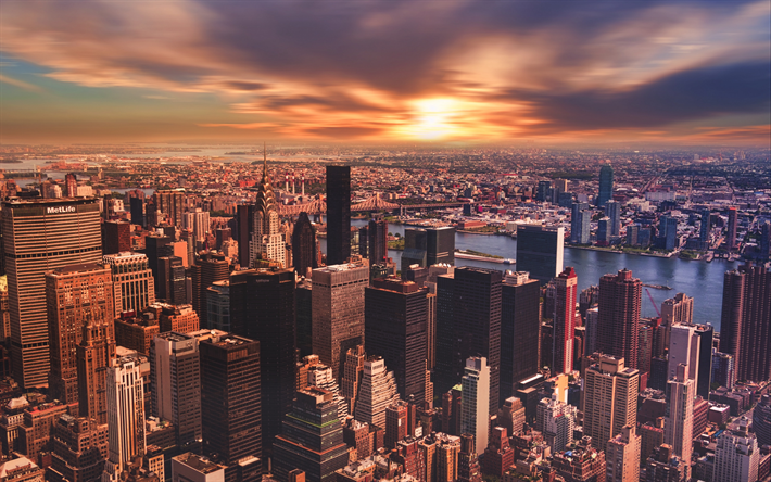 4k, New York, tramonto, panorama, edifici moderni, new york, USA, America