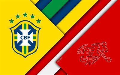 Brasilia vs Sveitsi, jalkapallo-ottelu, 4k, 2018 FIFA World Cup, Ryhm&#228; E, logot, materiaali suunnittelu, abstraktio, Ven&#228;j&#228; 2018, jalkapallo, maajoukkueet, creative art, promo