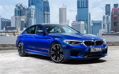 BMW M5, 2018, blue sedan, front view, exterior, new blue M5, German cars, BMW
