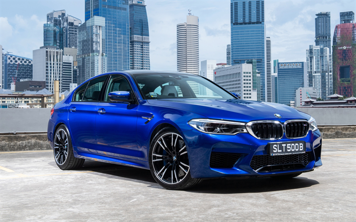 BMW M5, 2018, berline bleu, vue de face, &#224; l&#39;ext&#233;rieur, la nouvelle M5 bleu, voitures allemandes, BMW