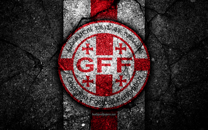 Georgisk fotboll, 4k, emblem, UEFA, Europa, fotboll, asfalt konsistens, Georgien, Europeiska nationella fotbollslag, Georgien landslaget