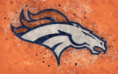 Denver Broncos, 4k, logo, geometric art, american football club, creative art, orange abstract background, NFL, Denver, Colorado, USA, American Football Conference, National Football League