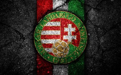 Hungarian football team, 4k, emblem, UEFA, Europe, football, asphalt texture, soccer, Hungary, European national football teams, Hungary national football team
