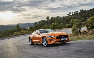 El Ford Mustang GT, 2018, naranja coup&#233; deportivo, nueva naranja Mustang, coches Americanos, Ford