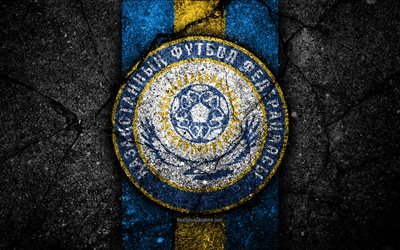 Kazakstan fotboll, 4k, emblem, UEFA, Europa, fotboll, asfalt konsistens, Kazakstan, Europeiska nationella fotbollslag, Kazakstans herrlandslag i fotboll