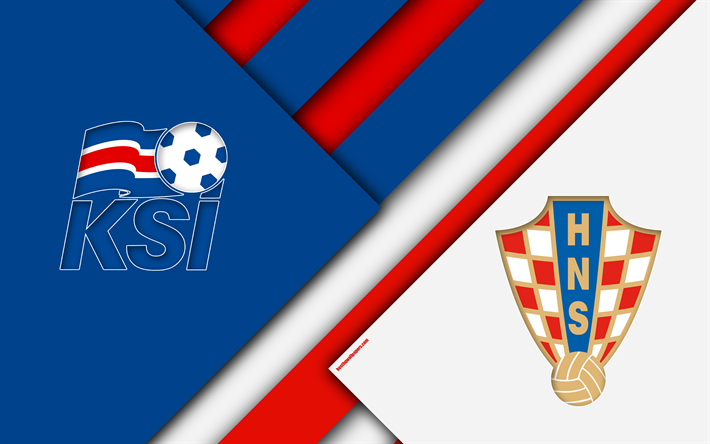 island vs kroatien, fu&#223;ball-match, 4k, 2018 fifa world cup, gruppe d, logos, material, design, abstraktion, russland 2018, fu&#223;ball -, national-teams, kreative kunst, promo