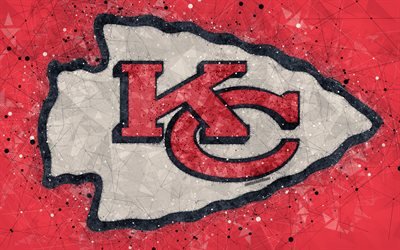 Kansas City Chiefs, 4k, logo, geometric art, american football club, creative art, red abstract background, NFL, Kansas City, Missouri, USA, American Football Conference, National Football League