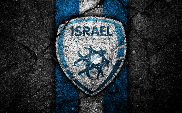 Israeliska fotboll, 4k, emblem, UEFA, Europa, fotboll, asfalt konsistens, Israel, Europeiska nationella fotbollslag, Israel national football team