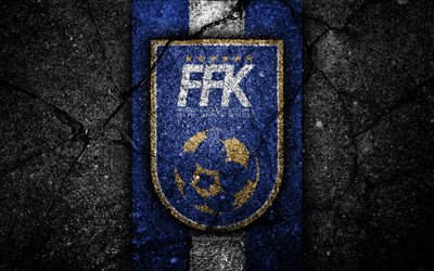 Kosovo football team, 4k, emblem, UEFA, Europe, football, asphalt texture, soccer, Kosovo, European national football teams, Kosovo national football team