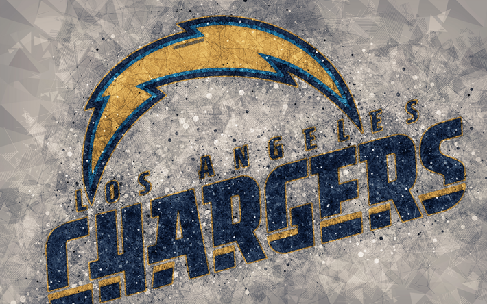 Los Angeles Chargers, 4k, logo, geometric art, american football club, creative art, gray abstract background, NFL, Los Angeles, California, USA, American Football Conference, National Football League