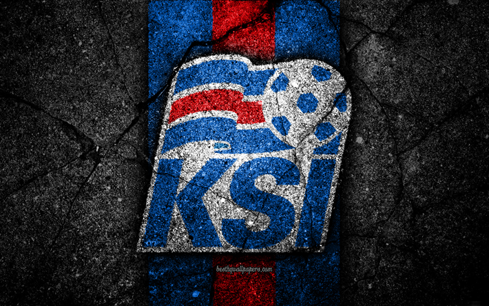 アイスランドのサッカーチーム, 4k, エンブレム, UEFA, 欧州, サッカー, アスファルトの質感, アイスランド, 欧州の国立サッカーチーム, アイスランド国立サッカーチーム