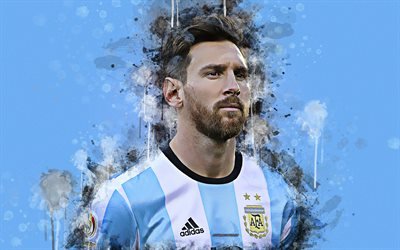 Lionel Messi, pintura, arte, 4k, la cara, el estilo grunge, arte creativo, Argentina equipo nacional de f&#250;tbol, f&#250;tbol, azul grunge de fondo, Argentina