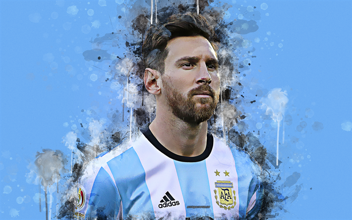 Lionel Messi, arte pittura, 4k, viso, grunge, stile, arte creativa, Argentina squadra nazionale di calcio, calcio, blu, sfondo, Argentina