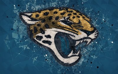 Jacksonville Jaguars, 4k, logo, geometric art, american football club, creative art, blue abstract background, NFL, Jacksonville, Florida, USA, American Football Conference, National Football League
