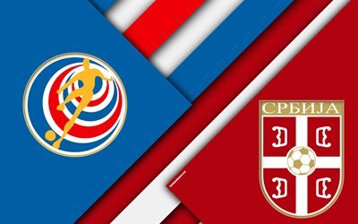 Costa Rica vs Serbia, football match, 4k, 2018 FIFA World Cup, Group E, logos, material design, abstraction, Russia 2018, football, national teams, creative art, promo