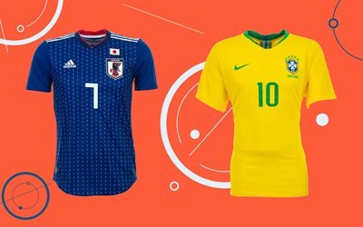 Jap&#243;n vs Brasil, juego de f&#250;tbol, camisetas de 2018 Copa Mundial de la FIFA Rusia 2018, abstracto, fondo naranja, los equipos nacionales, uniformes deportivos