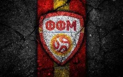 Macedonian football team, 4k, emblem, UEFA, Europe, football, asphalt texture, soccer, Macedonia, European national football teams, Macedonia national football team
