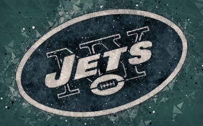 New York Jets, 4k, logo, geometric art, american football club, creative art, green abstract background, NFL, New York, USA, American Football Conference, National Football League