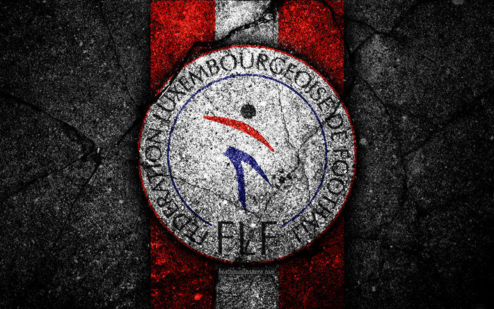 Luxemburgiska fotboll, 4k, emblem, UEFA, Europa, fotboll, asfalt konsistens, Luxemburg, Europeiska nationella fotbollslag, Luxemburg landslaget