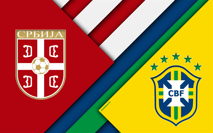 Serbia vs Brasile, partita di calcio, 4k, 2018 della Coppa del Mondo FIFA, Gruppo E, il logo, il design dei materiali, l&#39;astrazione, la Russia 2018, di calcio, squadre nazionali, arte creativa, promo