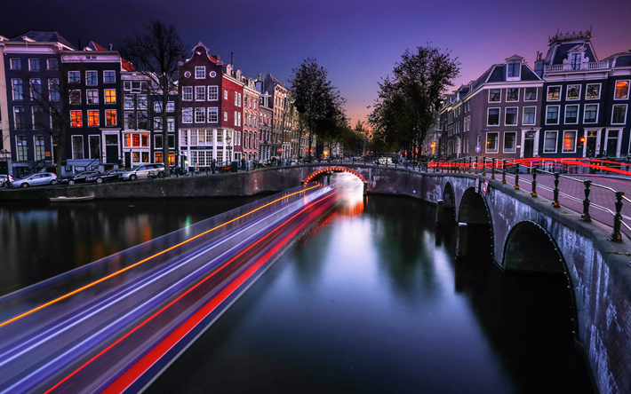 Amesterd&#227;o, canal, ponte, rio, sem&#225;foros, Holanda, noturnas, Pa&#237;ses baixos, Europa