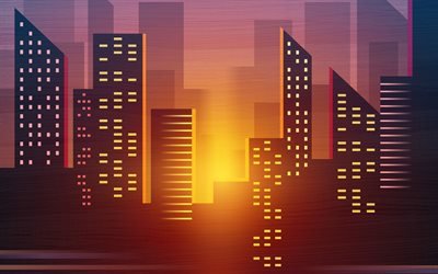 abstract cityscape, buildings, sunset, abstract art, minimal