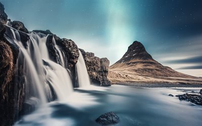 4k, Monte Kirkjufell, di cascate, di notte, Islandese punti di riferimento, montagna, Europa, Kirkjufell, Islanda