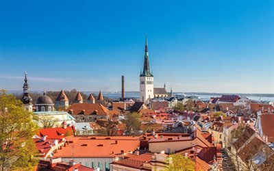 Tallinn, Vanalinn, Toompea, ver&#227;o, paisagem urbana, capital da Rep&#250;blica da Est&#243;nia, Mar B&#225;ltico, costa, Est&#243;nia