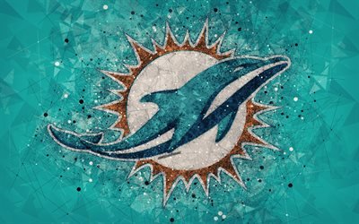 Miami Dolphins, 4k, logo, geometric art, american football club, creative art, blue abstract background, NFL, Miami, Florida, USA, American Football Conference, National Football League