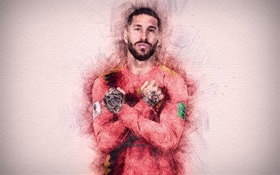 Sergio Ramos, 4k, Spanish footbal, l team artwork, Ramos, soccer, footballers, drawing Sergio Ramos, Spain National Team