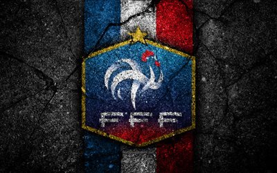French football team, 4k, emblem, UEFA, Europe, football, asphalt texture, soccer, France, European national football teams, France national football team