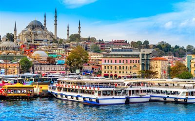 Blue Mosque, 4k, turkish landmarks, Sultan Ahmet Mosque, pier, Istanbul, summer, Turkey
