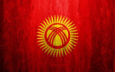 Flaggan i Kirgizistan, 4k, sten bakgrund, grunge flagga, Asien, Kirgizistan flagga, grunge konst, nationella symboler, Kirgizistan, sten struktur
