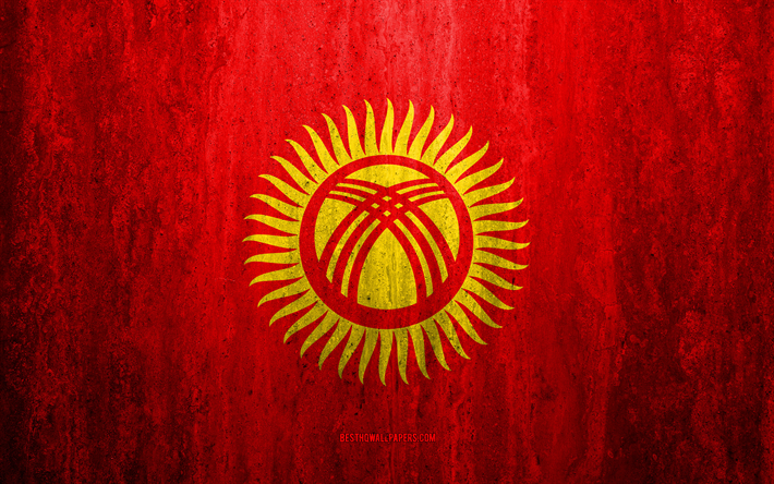 Kırgızistan bayrağı, 4k, taş arka plan, grunge bayrak, Asya, Kırgızistan bayrak, grunge sanat, ulusal semboller, Kırgızistan, taş doku
