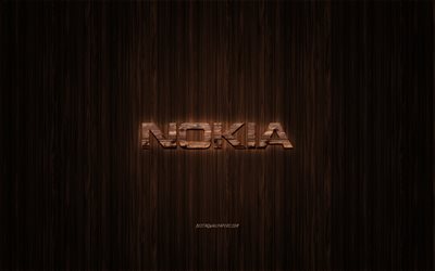 Nokia-logotypen, tr&#228;-logotypen, tr&#228; bakgrund, Nokia, emblem, varum&#228;rken, tr&#228;-konst