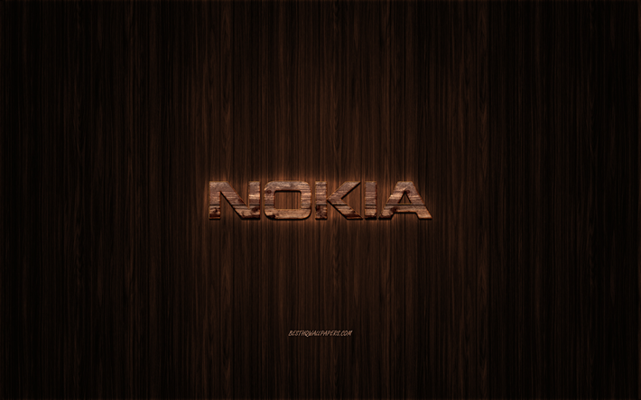 ノキアのロゴ, 木製のロゴ, 木の背景, Nokia, エンブレム, ブランド, 木美術