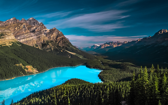Peyto Lake, summer, canadian landmarks, Banff National Park, forest, Canadian Rockies, mountains, North America, Canada