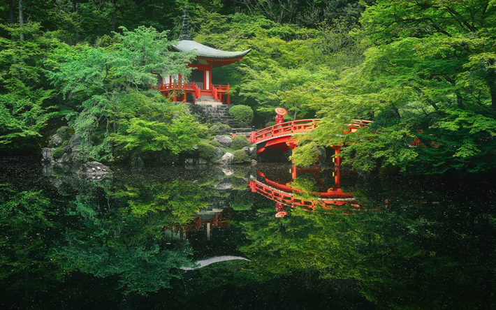 Pagoda, Jap&#243;n, Japon&#233;s templo, bosque, lago, rojo puente de madera, monta&#241;as