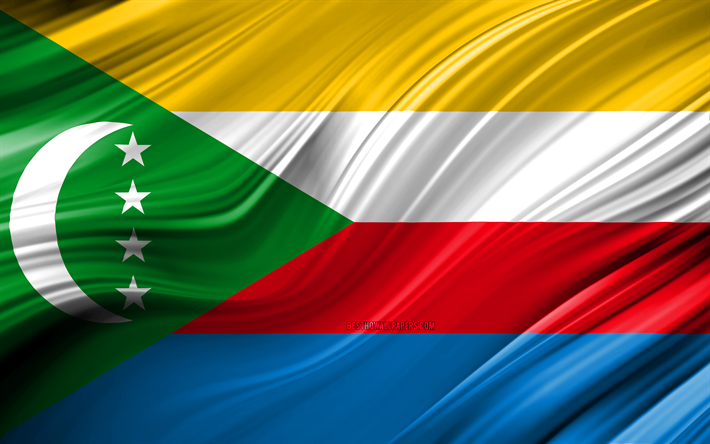 4k, Komorernas flagga, Afrikanska l&#228;nder, 3D-v&#229;gor, Flagga Komorerna, nationella symboler, Komorerna 3D-flagga, konst, Afrika, Komorerna