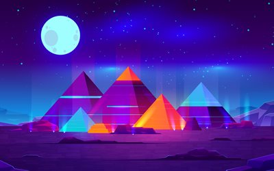 4k, abstract nightscape, pyramids, creative, 3D abstract landscapes, 3D mountains, artwork, 3D art, mountains, moon