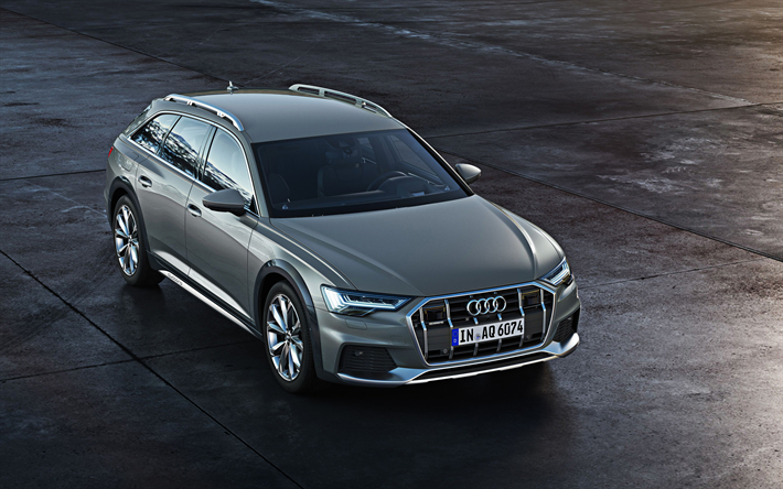Audi A6 Allroad Quattro, 2020, 4k, grigio, station wagon, esterno, vista frontale, nuovo grigio A6 Allroad Quattro, auto tedesche, Audi