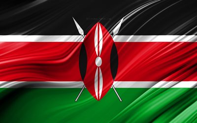 4k, du Kenya et de drapeau, les pays Africains, la 3D, les vagues, le Drapeau du Kenya, les symboles nationaux, le Kenya 3D drapeau, de l&#39;art, en Afrique, au Kenya