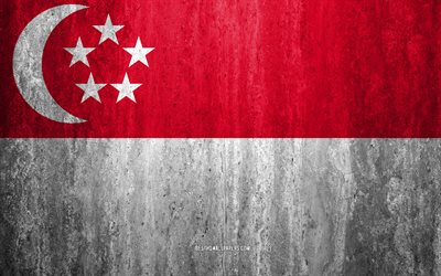 Bandeira de Cingapura, 4k, pedra de fundo, grunge bandeira, &#193;sia, Singapura bandeira, grunge arte, s&#237;mbolos nacionais, Singapura, textura de pedra