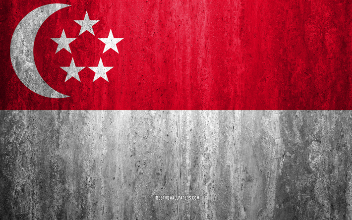 Lipun Singapore, 4k, kivi tausta, grunge lippu, Aasiassa, Singaporen lippu, grunge art, kansalliset symbolit, Singapore, kivi rakenne