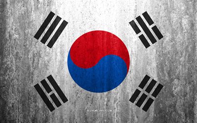 G&#252;ney Kore bayrağı, 4k, taş arka plan, grunge bayrak, Asya, G&#252;ney Kore, bayrak, grunge sanat, ulusal semboller, taş doku