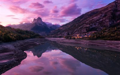 evening, sunset, mountain landscape, purple clouds, mountain river, Dolomites, Italy