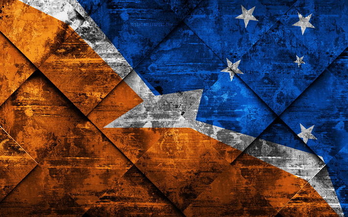 Flag of Tierra del Fuego, 4k, grunge art, rhombus grunge tekstuuri, Argentiinan Maakunnassa, Tierra del Fuego lippu, Argentiina, kansalliset symbolit, Tierra del Fuego, maakunnissa Argentiina, creative art