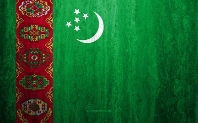 Flag of Turkmenistan, 4k, stone background, grunge flag, Asia, Turkmenistan flag, grunge art, national symbols, Turkmenistan, stone texture