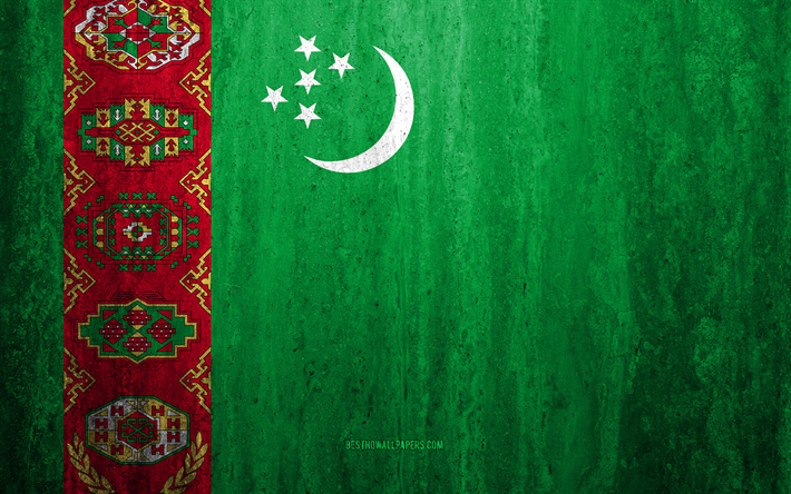 Bandera de Turkmenist&#225;n, 4k, piedra antecedentes, grunge bandera, Asia, bandera de Turkmenist&#225;n, el grunge de arte, los s&#237;mbolos nacionales, Turkmenist&#225;n, textura de piedra