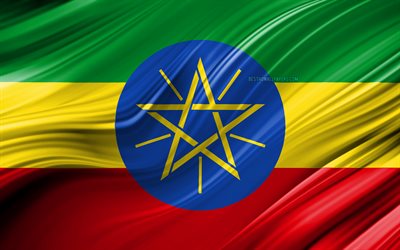 4k, Ethiopian flag, African countries, 3D waves, Flag of Ethiopia, national symbols, Ethiopia 3D flag, art, Africa, Ethiopia
